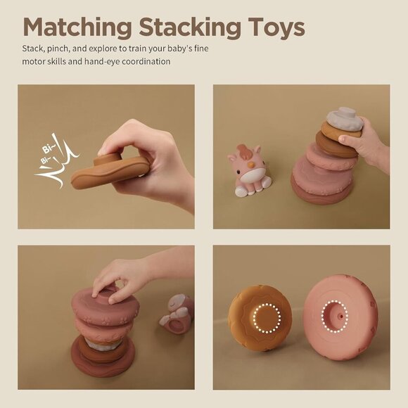 7 Pcs Stacking & Nesting Baby Toys, Squeeze Teething Toys and Building Circle wi - Picture 6 of 7